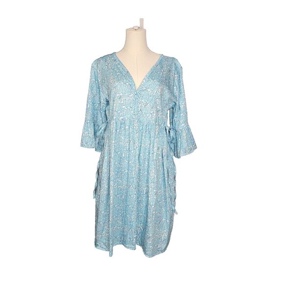 Susan Albright Dress L The Fripp Blue Aqua Blue White Cotton Tie Side Happy Plac - Picture 5 of 16